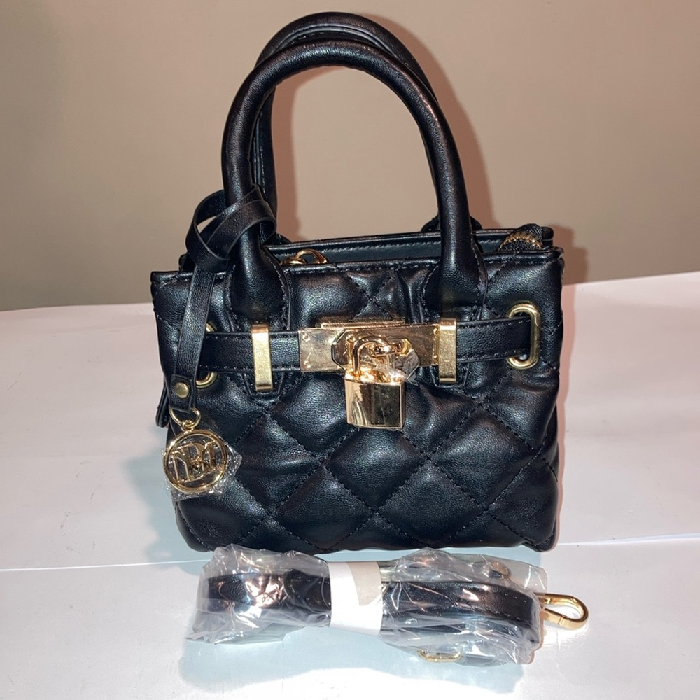 Badgley Mischka Black Quilted Mini Crossbody Bag | Gold Hardware | Designer